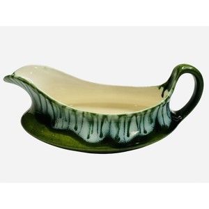 Exquisite Glazed Pottery Green Drip Gravy Boat VTG MCM